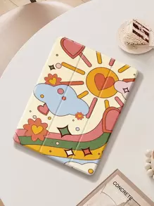 Cartoon Heart Flower Flat Beschermhoes Compatibel met iPad Air4/5 10.9 Inch, iPad 7/8/9th 10.2 Inch, Ingebouwde Pensleuf Compatibel met Samsung Tab S6 10.4 Inch, Tab A7 Lite 8.7 Inch, Ins Stijl Leren Hoesje, Terug Naar School, Valentijnsdag, Nieuwjaarscadeau