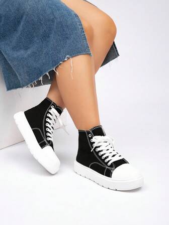 Édition large Chaussures en canevas à hautes tiges pour femmes quatre saisons avec semelles épaisses, sangles surélevées, chaussures casual, légères, à semelles souples et confortables plates