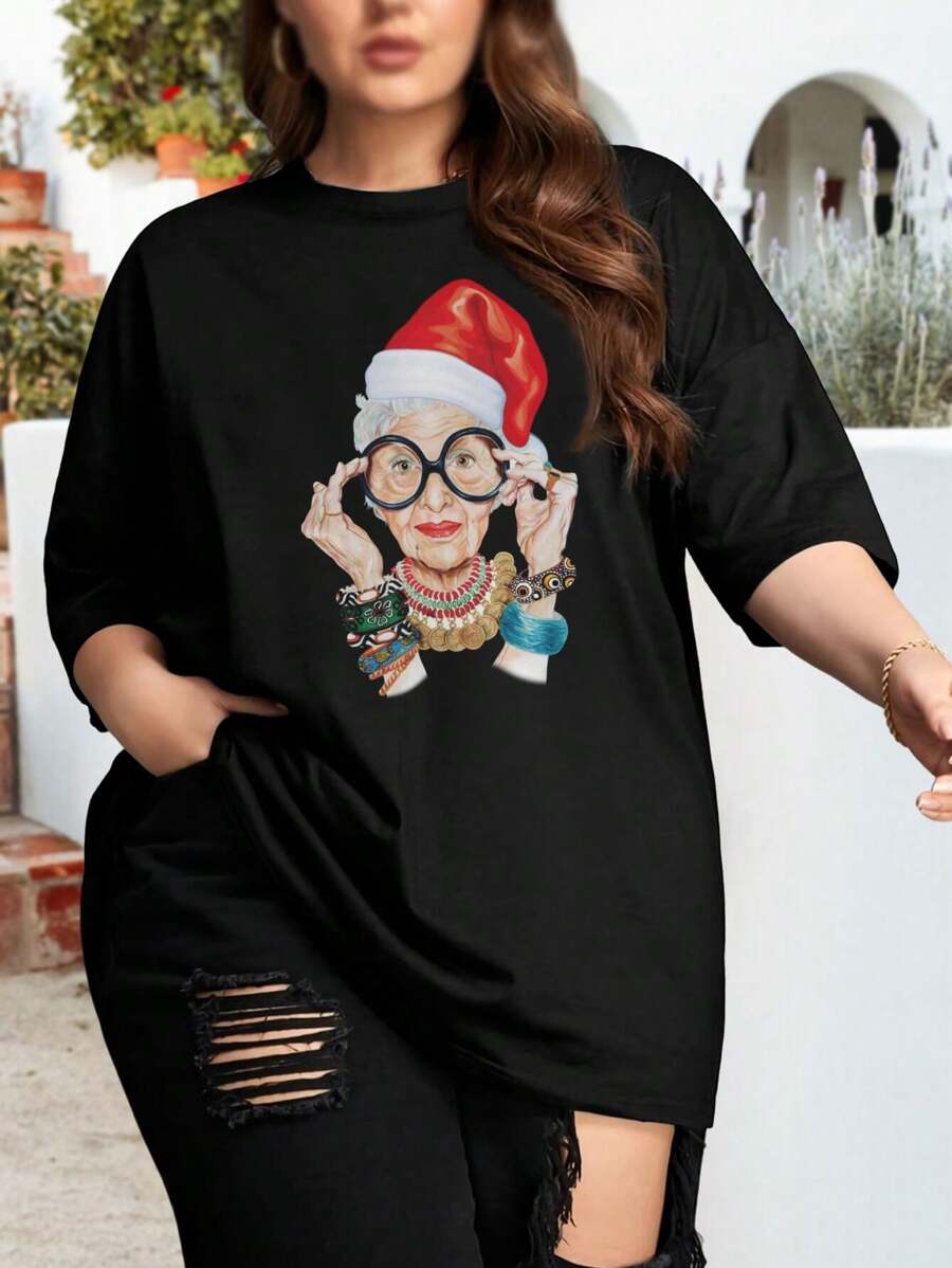 Santa Iris Apfel Christmas Cartoon Oversize Women T-Shirt American Businesswoman Fashionista Happy International Women's Day Large Size - Black - View 1