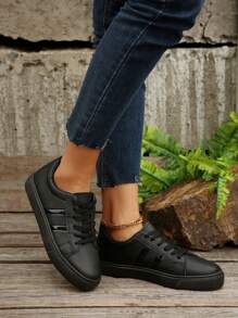 1 Pair Unisex Casual Lace-Up PU Leather Thick Sole Non-Slip Soft Bottom Comfortable Sneakers, Suitable For All Seasons