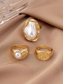 3pcs/Set Asymmetrical Baroque Pearl Ring Set, Elegant Personalized Daily Fashion Jewelry Gift For Women - Multicolor-ring Set - View 5