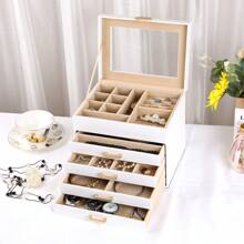 Hộp đựng trang sức, Hộp đựng trang sức 5 lớp có nắp thủy tinh, Đồng thau vàng và trắng, Da PU hình trái tim, Hộp đựng vòng cổ, Hoa tai, Nhẫn, Vòng tay, Ý tưởng quà tặng cho bé gái khi trở lại ký túc xá - Màu Hồng baby - Xem 5