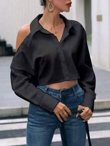 Women's Asymmetrical Long Sleeve Collared Button-Up Blouse - Black - View 3