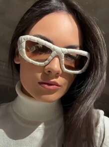 1 件时尚编织镜框高端矩形时尚眼镜个性化和多功能 Y2K 多巴胺配件度假海滩配件 - 白色 - 查看 5