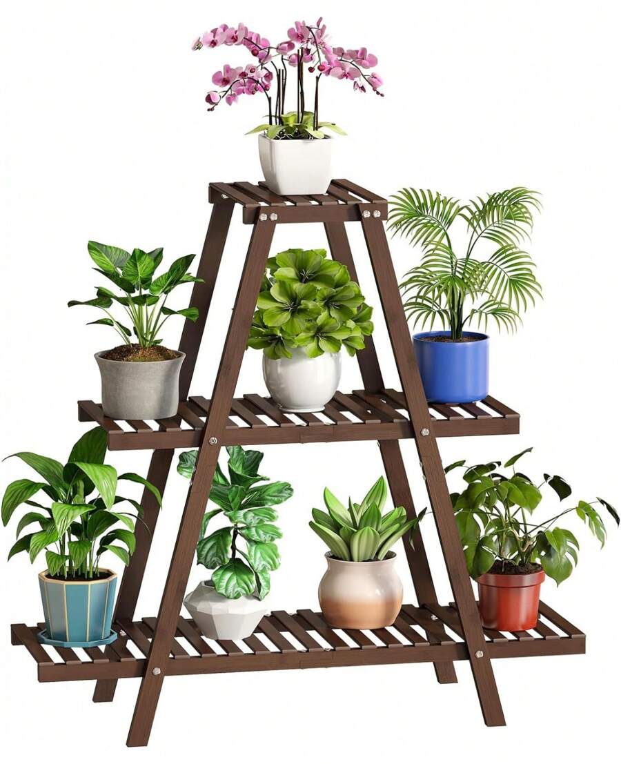 Bamboo Plant Stand For Indoor Outdoor Tiered Plant Shelf 3 Tier 8 Potted Flower Holder Ladder Plant Rack For Multiple Table Plant Pot Stand For Window Garden Balcony Living Room Patio Triangle Plant - 3 層棕色 - 查看 1