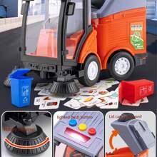 Juguete de camión de basura de estilo de dibujos animados en tonos rojos y verdes, principalmente en tonos verdes y naranjas, diseño de camión de basura lindo con botones de colores en el techo, cepillo de limpieza en la parte delantera, efectos de sonido y luz, Body del camión que se abre, adecuado para juego diario y escenarios de educación temprana, propulsión por inercia, presionar para ir.