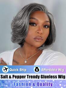 短款精灵短发假发 灰白相间 100% 雷米真人发 4x4 蕾丝前假发 透明蕾丝假发 高清蕾丝灰色假发 送给妈妈的礼物