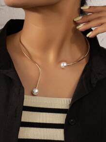 1pc Minimalist Geometric Line Pearl Necklace, Suitable For Daily Wear And Party - Geometry - View 1