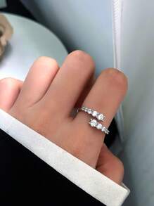 1pc S925 Sterling Silver Zirconia Sparkle Double Row Adjustable Open Ring For Women, Everyday Wear Unique Quality Personalized Gift