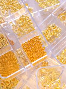 6-Grid Box Nail Rivet Decoration Accessories Golden Hollow Shape Decoration Shell Conch, Crescent Star And Heart-Shaped Diamond Crown For DIY Nail Decoration Handmade Creative Accessories