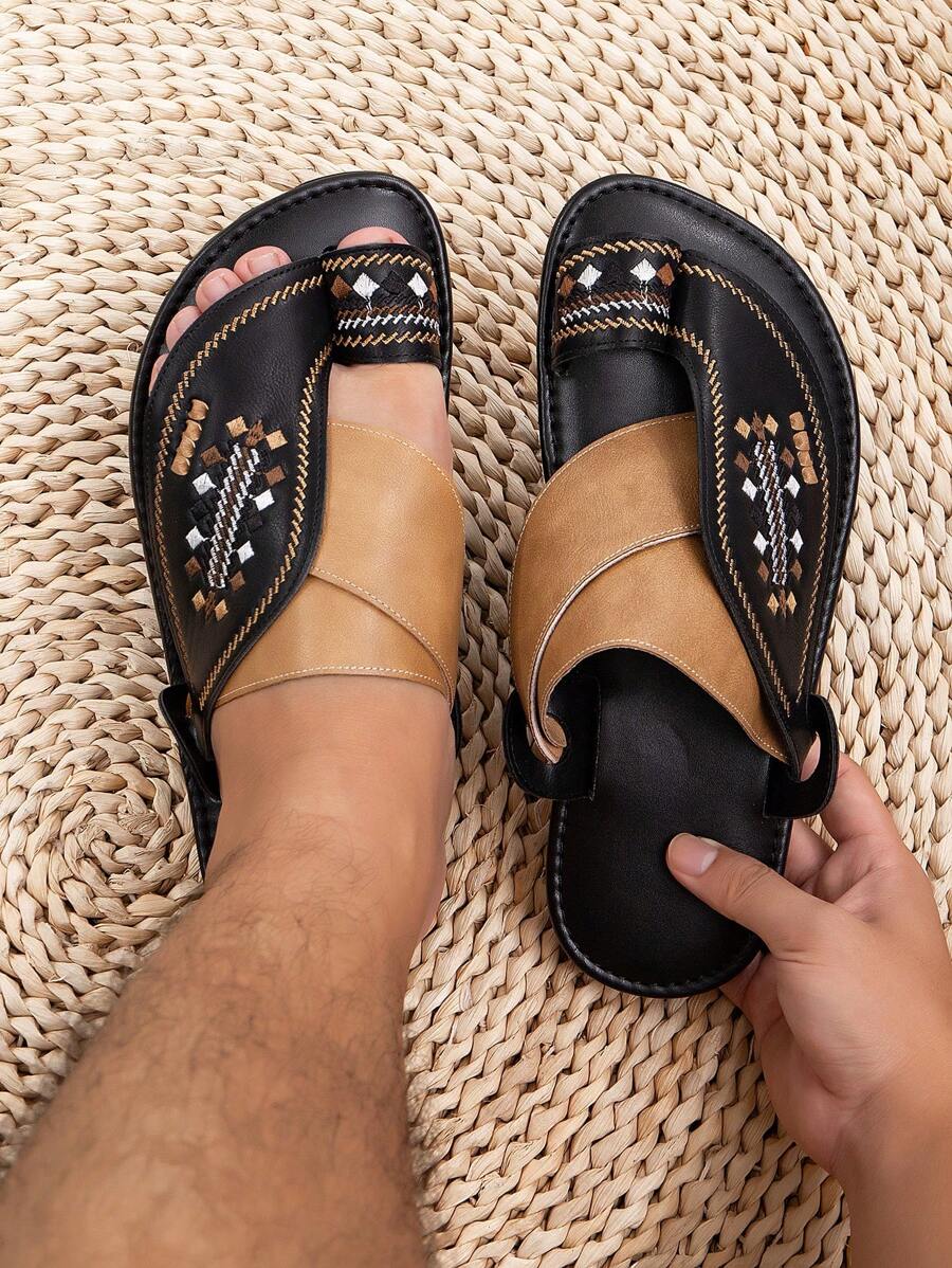 男士平底舒适阿拉伯刺绣/提花一脚蹬凉鞋 - 黑色卡其 - 查看 1