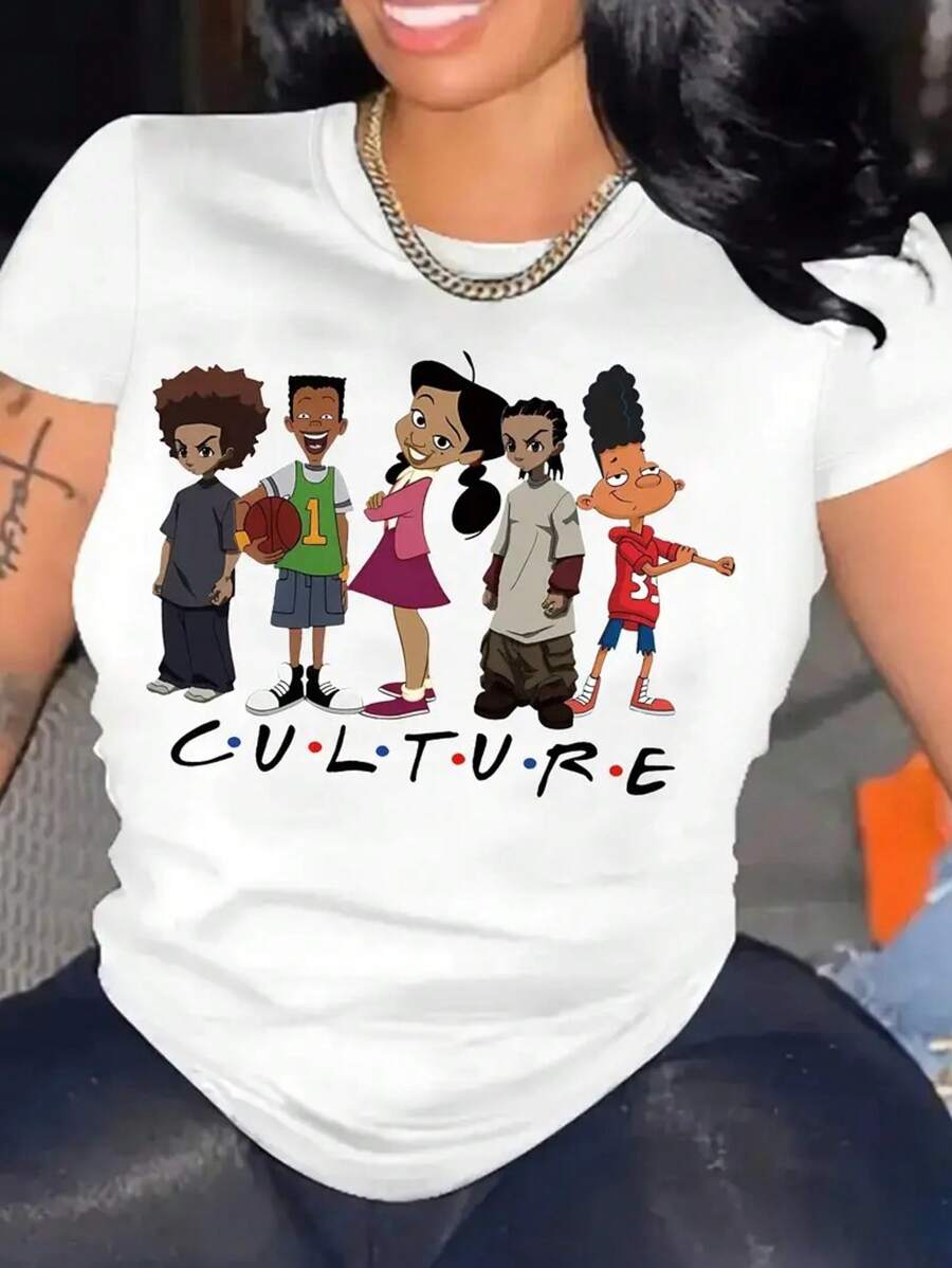 Women's Casual Cartoon Culture Graphic T-Shirt - Short Sleeve Crew Neck, Polyester, Machine Washable, Spring/Summer Top, Ladies T Shirts - 白色 - 查看 1