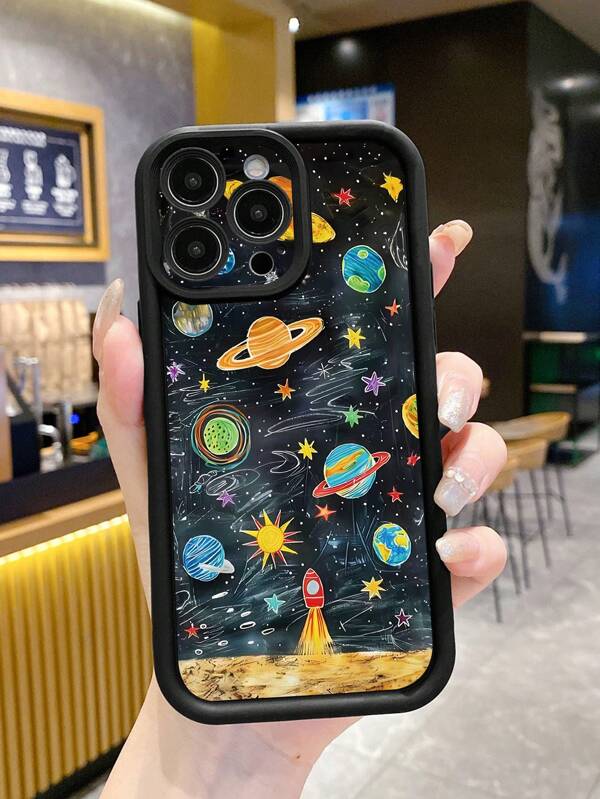 1 pieza Funda protectora de teléfono de TPU grueso a prueba de golpes con patrón de galaxia de píxeles de colores, negro lujoso, compatible con iPhone 16