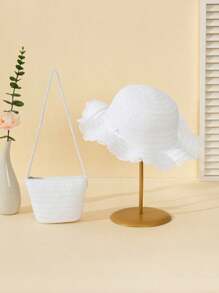 2pcs/Set White Summer Wave Beach Sun Hat & Straw Crossbody Wallet Set, Sweet Style For Daily, Holiday, And Travel