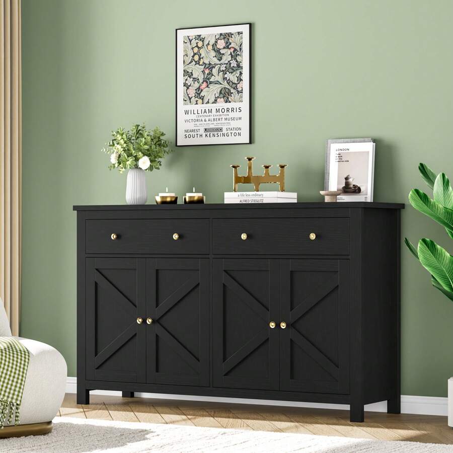 Furchen Aparador de cozinha com bancada, armário de cozinha, armário de buffet, armário de cozinha, aparador de sala de jantar, armário de sala com 2 gavetas, 4 portas, prateleiras reguláveis, 140x40x89 cm