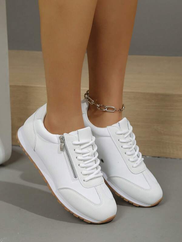 Women's Lightweight Non-Slip Trainers, New Breathable Fashion Flat Lace-Up Casual Shoes With Metal Zipper Decor