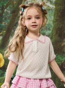 Girl's Polo Collar Short Sleeve Hollow Heart Knitted T-Shirt - Beige - View 7