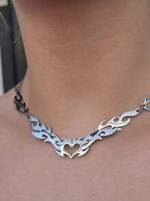 1 Stück Valentinstag Geschenke für Freundin Punk Silber-Farbener Cut Out Flammen Herz-Förmiger Anhänger für Frauen, Hip Hop Party Schmuck Geschenk