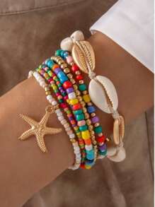 1 Set New Ocean Series Design Versatile 5-Star Braided Shell Beaded Chain Jewelry Set For Women