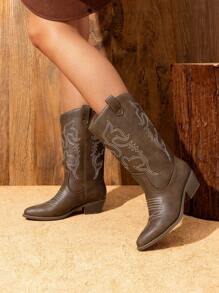 Women'S Cowboy Western Boots Point Toe Pull On Cowgirl Boots  Embroidered Detail Chunky Heeled Spring And Winter Back To School Party Festival Matching Dress Mid Calf Coffee Brown Boots - 咖啡棕 - 查看 3