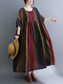 Top, Festival de Primavera Chino, Vestido casual de rayas bohemio de verano 2026, Vestido de mujer, Ropa diaria de talla grande para mujer, Vestido holgado y suelto de cuello redondo y manga ancha de estilo vintage de talla grande para mujer - Rojo - Ver 2