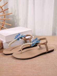 Women's Brown Fashion Casual Round Toe Pearl Butterfly Flat Sandals