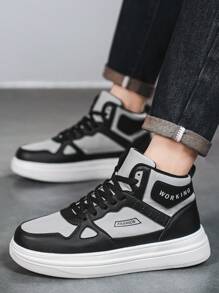 男士时尚撞色复古舒适休闲字母高帮运动鞋四季户外街头百搭厚底减震增高防滑滑板鞋 - 黑灰 - 查看 8