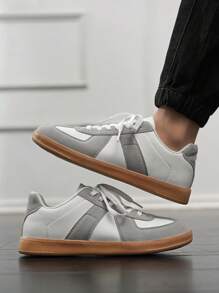 男士舒适撞色皮革拼接舒适低帮复古休闲情侣运动鞋德式训练鞋日常街头百搭平底防滑缓震运动鞋 - 白色 - 查看 10