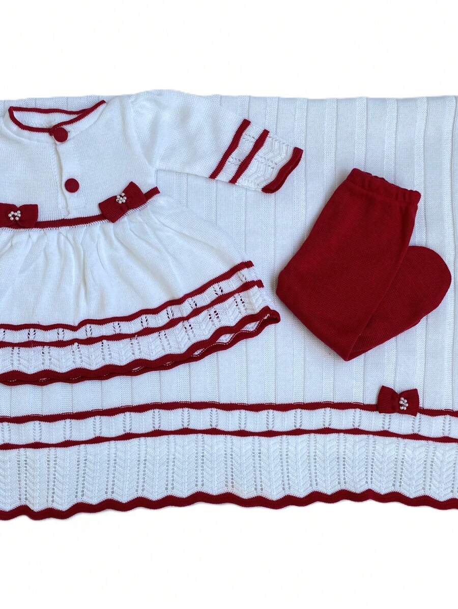 Dress + Pants + Blanket Set Maternity Leave Baby Newborn Children's Knitwear Female Newborn Knitwear - 紅白色 - 查看 1