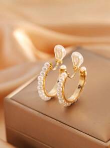 1 Pair Pearl Decor Clip-On Earrings For Women, High-End Elegant Slimming Ear Accessories Suitable For Daily Wear, Gift For Her