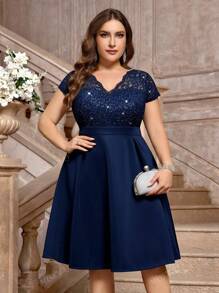Plus Elegant V-Neck Contrast Sequin Floral Lace Prom Cocktail Party Swing Dress, Wedding Guest Dress, For Birthday, Graduation, Homecoming