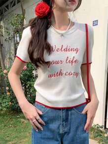 Women's Contrast Color Embroidery Slim Fit Knit Short Sleeve Sweater Top, Casual & Minimalist, Summer - Apricot - View 7