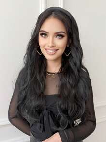 Peluca con diadema de cabello ondulado de 24 pulgadas de longitud "JENNIFER", accesorios de peluca sintética con diadema (diademas disponibles en varios modelos), pieza de cabello natural liso, media peluca (negro, castaño claro) - Negro - Ver 5