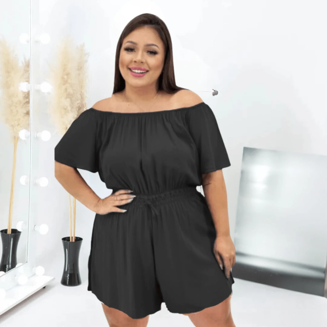 Plus Size Jumpsuit Short Skirt Women's Pink Duna Green Shoulder To Shoulder - 黑色 - 查看 1