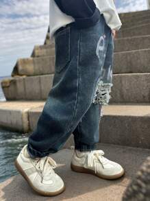 Young Boys Autumn Ripped Graffiti Print Denim Jeans - Blue - View 7