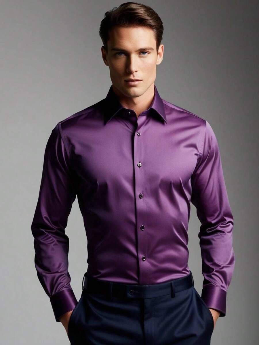 Men's Long Sleeve Slim Easy Dress Shirt - 紫色 - 查看 1