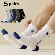 5 Pairs Mixed Men's Crew Socks, Thickened Moisture-Wicking Breathable Sport Socks, Basketball Socks, Color Block Design, Hot Selling, Suitable For Autumn/Winter & Spring/Summer