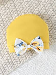 Baby Girl Long Sleeve Cute Print Button Romper + Hat - Yellow - View 3