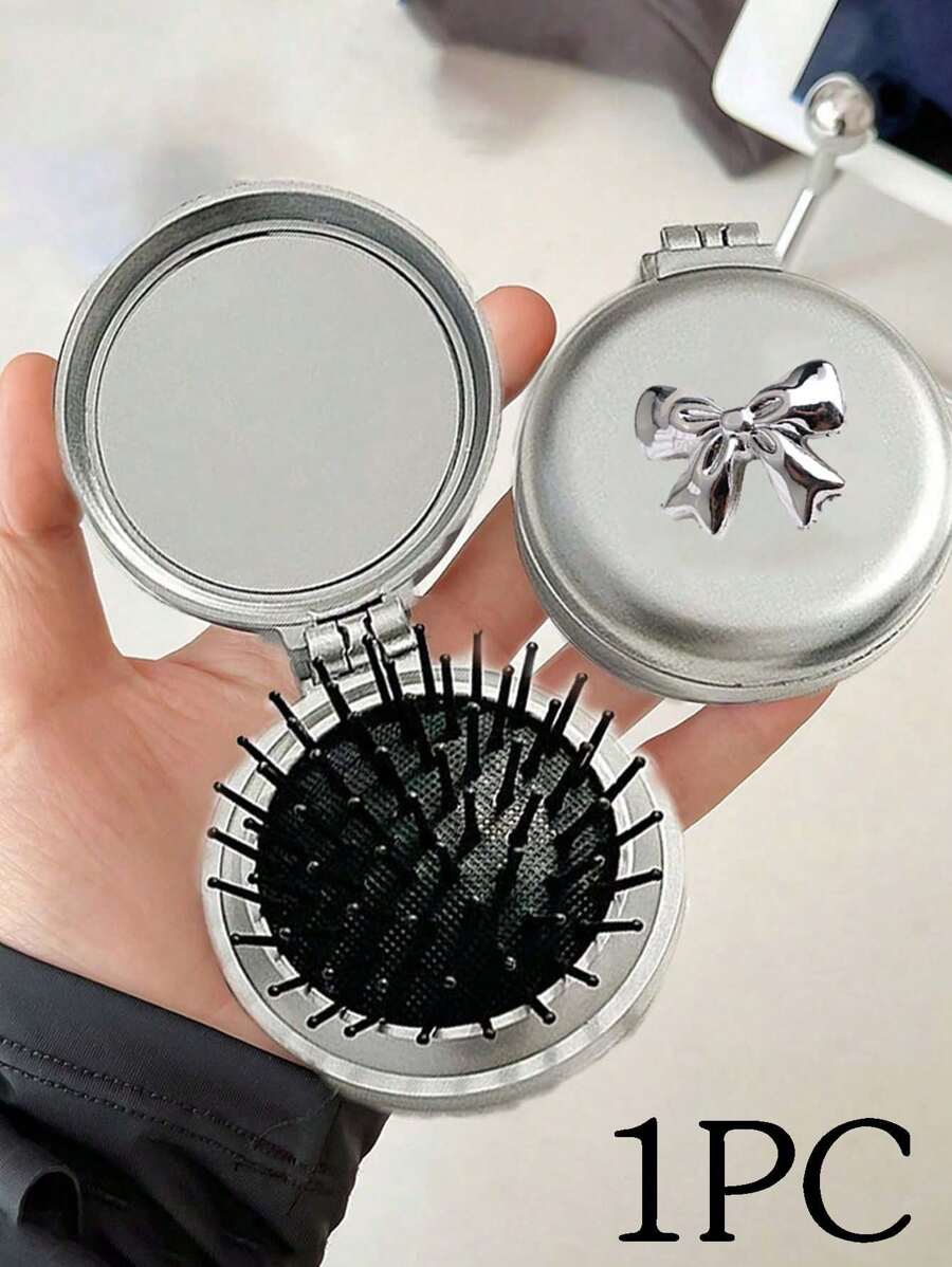 Featuring A Silver Bow Decoration 2-In-1 Foldable Comb & Makeup Mirror – Portable,Exquisite Bow Decoration, Tabletop, Contemporary Beauty Tool For Travel,Folding Comb With Makeup Mirror, Easy To Carry, Perfect For Travel Outgoing Use