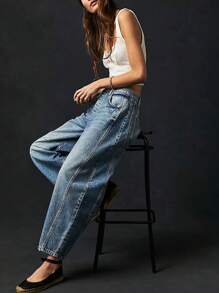 Women's Baggy Boyfriend Jeans Vintage Wide Leg Mid Rise Barrel Denim Ankle Pants - Rửa tối - Xem 4
