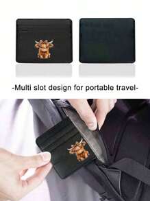 1pc Multi Compartment Ultra-Thin Card Holder With Highland Cow Pattern Holding A Small Calf With Sunflower Flowers Carrying This Leopard Print Bow Pink Bow Daily Bank Card Id Card Manager And Protective Case Simple Design Lightweight Multi-Layer Portable Coin Pocket Small Wallet Suitable For Driver's License For Men Wallet Mini Wallet Purse Wallet Card Wallet - Black - View 4