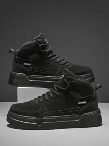 British Style Black PU Skateboard Shoes For Teenagers, Men Black Suede Round Toe High-Top Lace-Up Dress Shoes