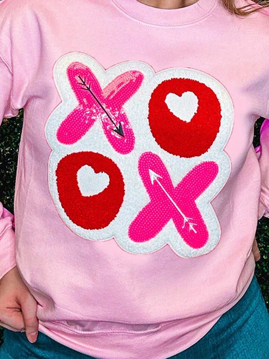 Womens Valentines Day Sweatshirts Long Sleeve Round Neck Letter Patchwork Pullovers Oversized Tops