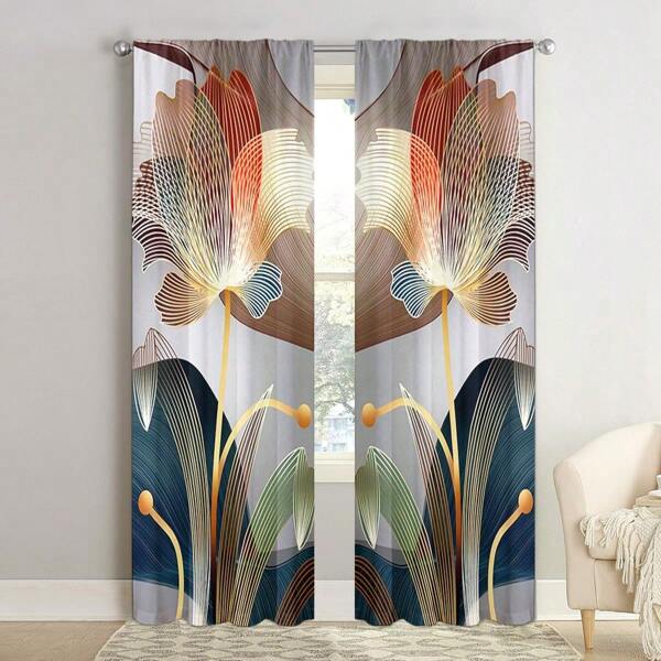 2pcs Modern Abstract Art Flowers Curtains-Rod Pocket Design For Privacy And Easy Installation For Bedroom, Living Room, Bathroom And Other Daily Decoration,Machine Washable