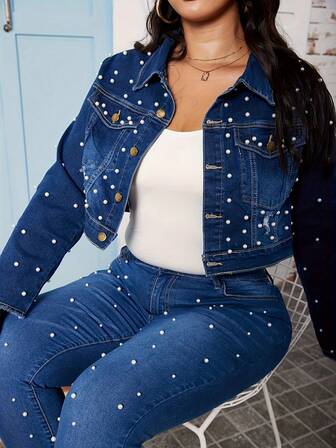 European And American Fashionable Studded Elastic Short Women's Denim Jacket With Long Sleeves