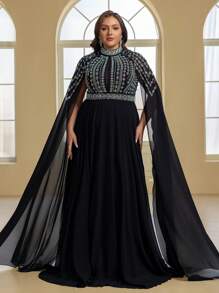 Elisanya Plus Size Elegant Luxury Mesh Rhinestone Chiffon High Neck Long Sleeve Dress For Party, Wedding Guest Dress, Formal Dress, Evening Dress