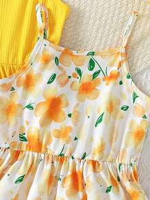 2pcs/Set Girls Digital Floral Print Cute Casual Sleeveless Open Shoulder Summer Dress, Vacation Style