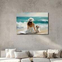 1pc Beach Vintage Decoration Prints Poster A Woman And Her Dog On The Beach Wall Art Decoration For Living Room Bedroom Bathroom Kitchen Apartment Hotel, Artful Home Decoration - Framed, Horizontal