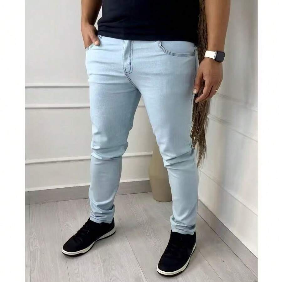 Men's TWILL Pants Sport Skinny Fit With Lycra Slim Jeans - 淺色水洗藍 - 查看 1