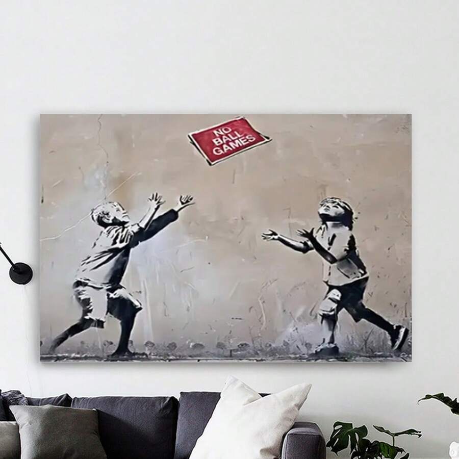 Framed Urban Art "No Ball Games" Canvas Print, Street Style Wall Art For Home, Office, Living Room, Bedroom, Kitchen Decor, Unique Festival Gift